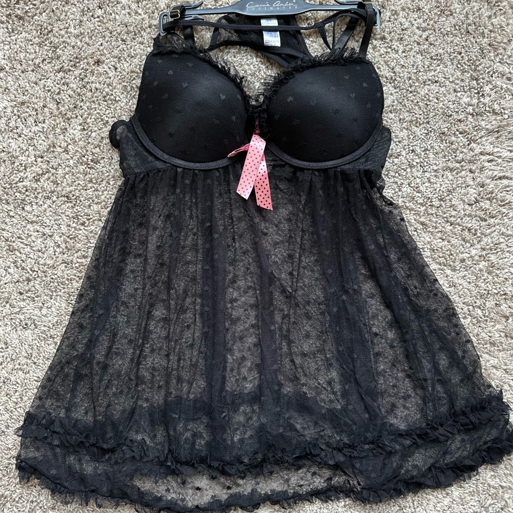 Carrie Amber Intimates Chemise Cami set sz Large~New~Black hearts